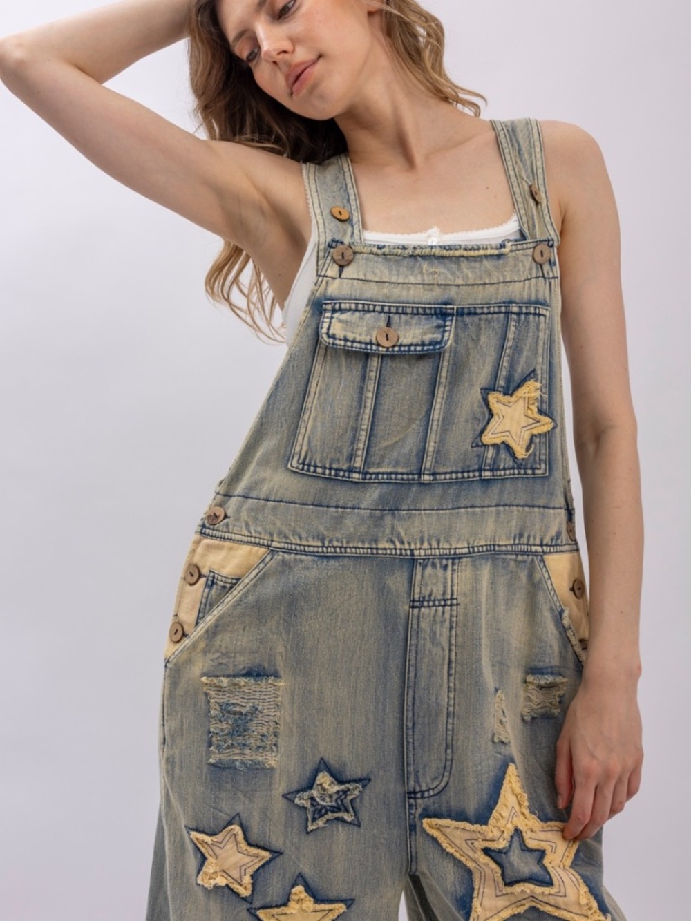 Bluevelvet Star Peace Patchwork Wide Leg Cropped Denim Jean Overalls - Picture 5 of 11